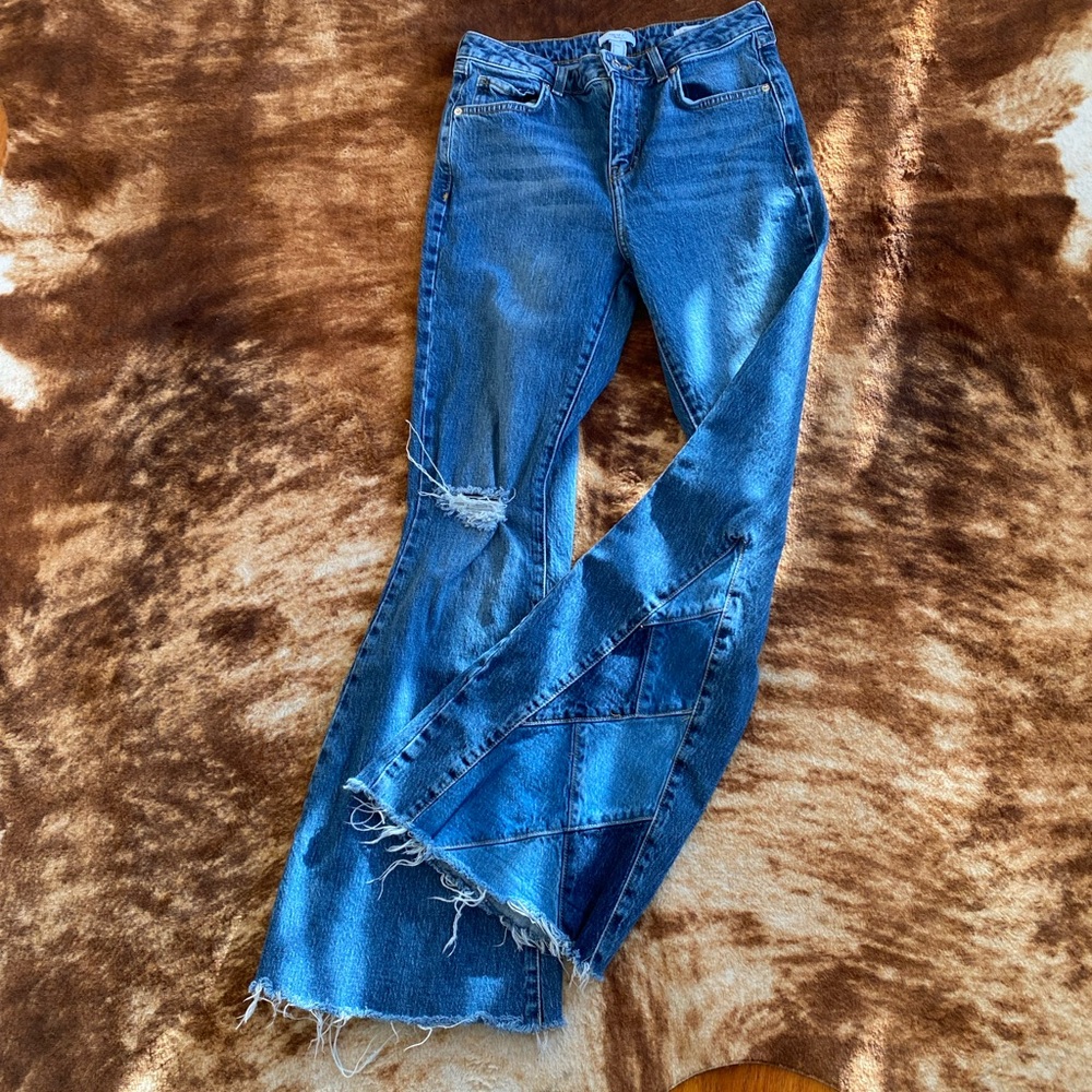 Forever 21 Mid Rise Slim Fit Flare Leg Blue Denim Patchwork Jeans